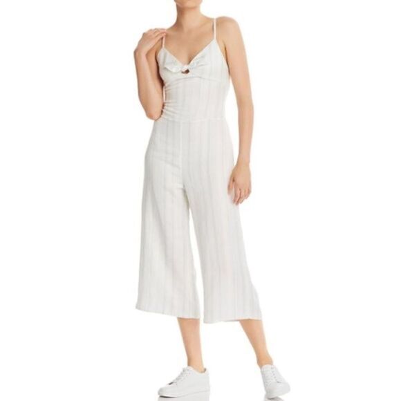 Chaser Ivory Grey Cropped Stripe Wide Leg Jumpsuit Women's Size M NWT - Picture 1 of 16